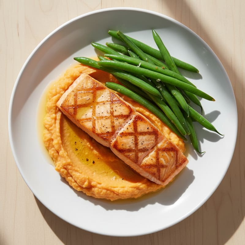Seared Salmon Fillet with Steamed Green Beans and Sweet Potato Mash