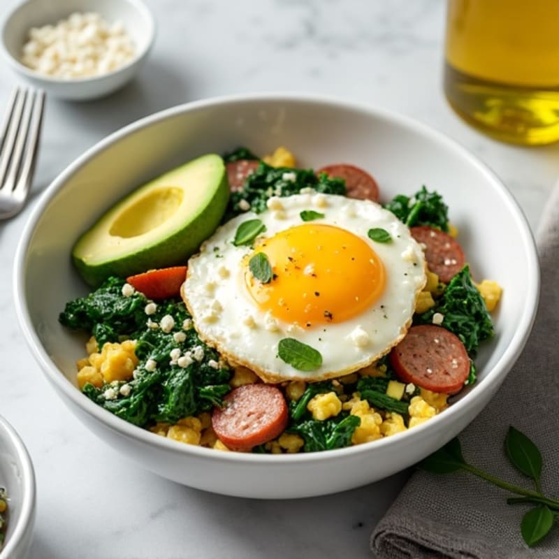 Egg White Scramble with Turkey Sausage and Sautéed Spinach