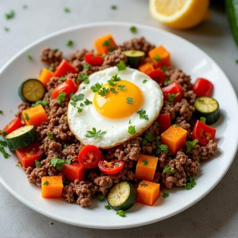 Lean Ground Beef and Roasted Vegetable Skillet