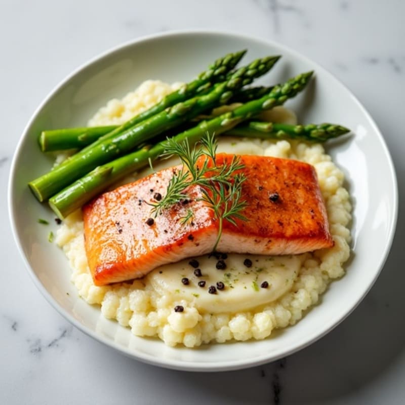Seared Salmon with Steamed Asparagus and Cauliflower Mash