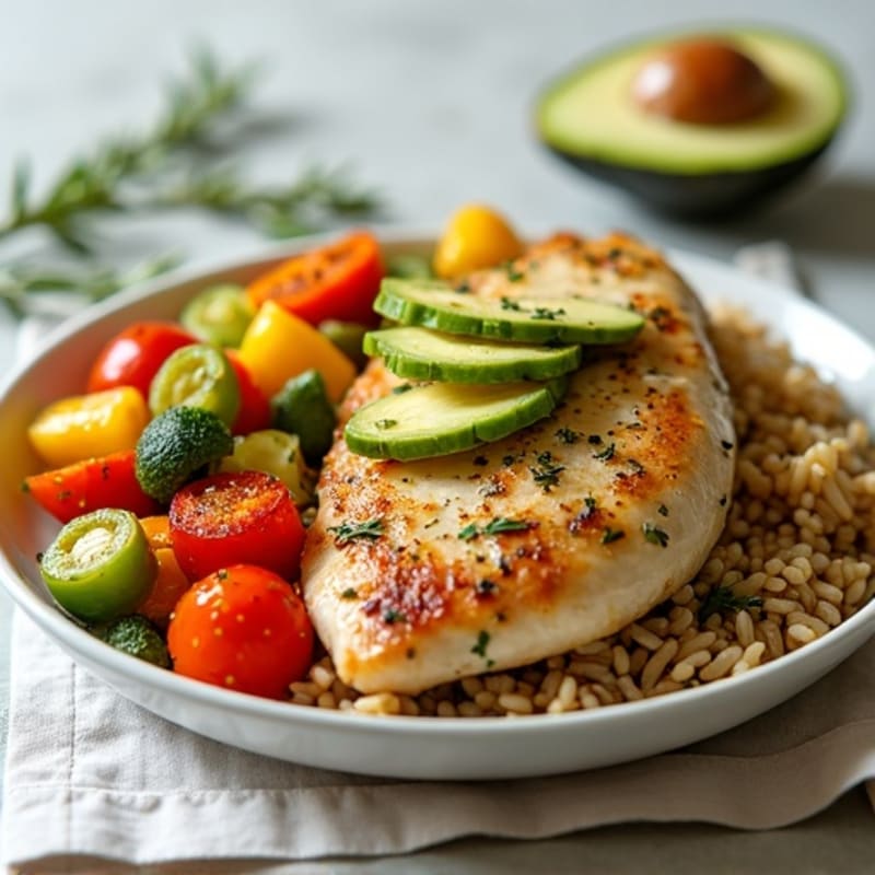 Herb-Roasted Chicken Breast with Roasted Vegetables and Brown Rice