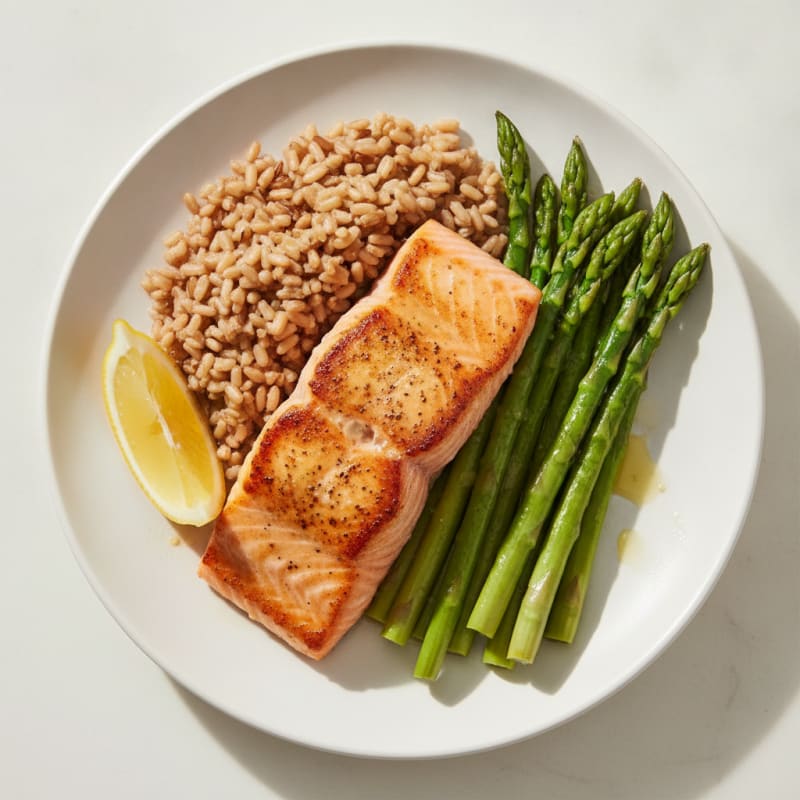 Seared Salmon with Steamed Asparagus and Brown Rice