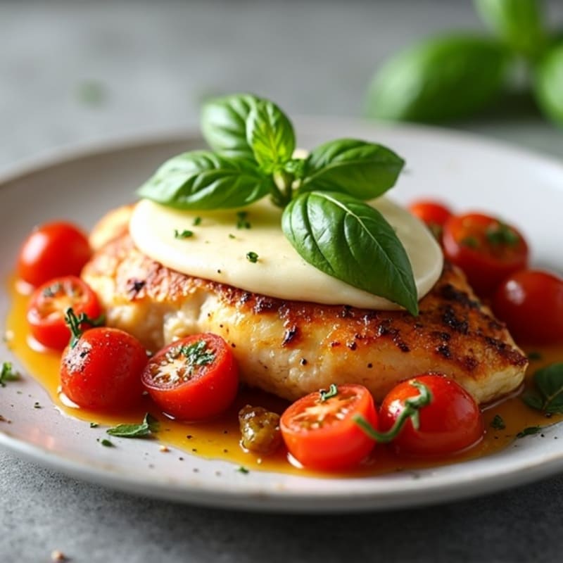 Pan-Seared Chicken with Melted Mozzarella, Roasted Tomatoes, and Fresh Basil