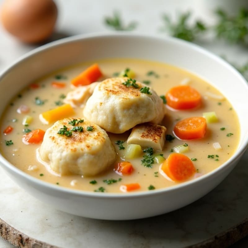 Creamy Chicken and Vegetable Soup with Fluffy Herb Dumplings