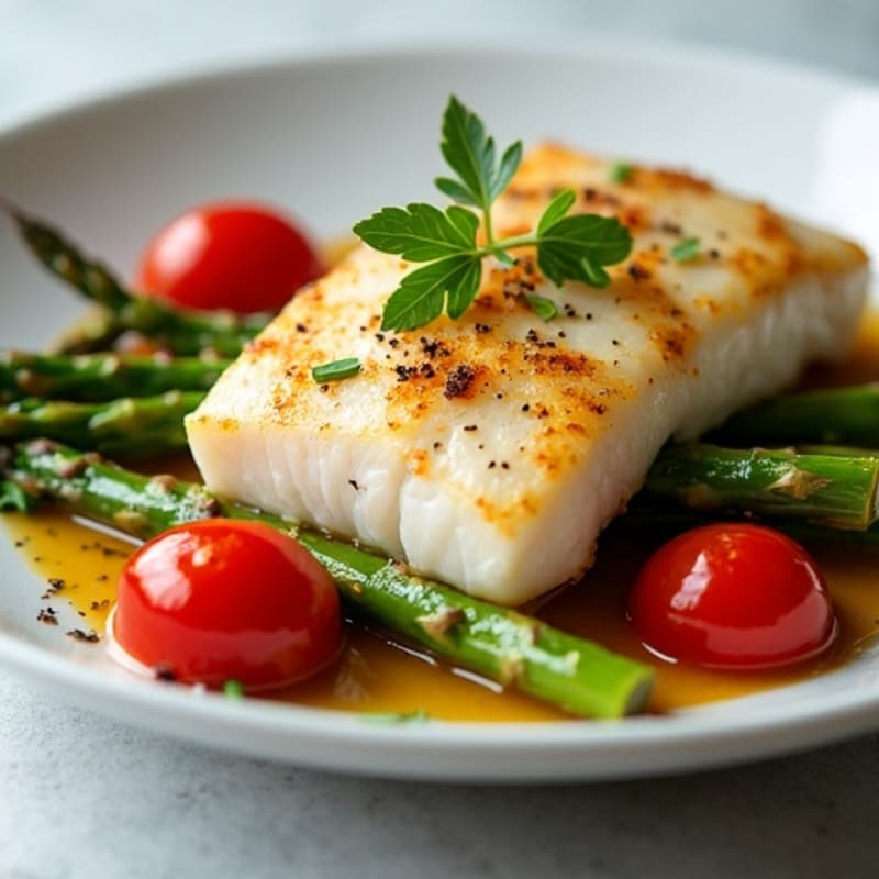 Seared Cod with Roasted Asparagus and Cherry Tomatoes
