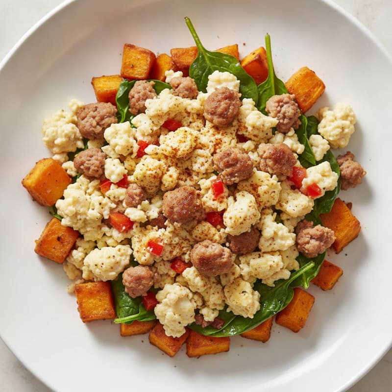 Egg White and Turkey Sausage Scramble with Roasted Sweet Potato