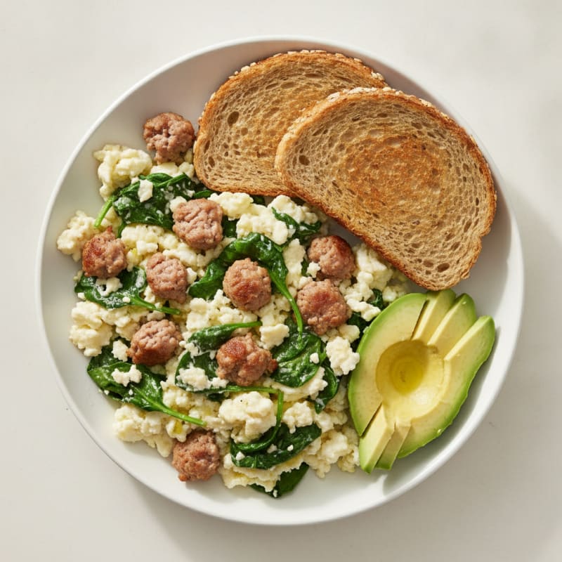 Egg White and Spinach Scramble with Turkey Sausage