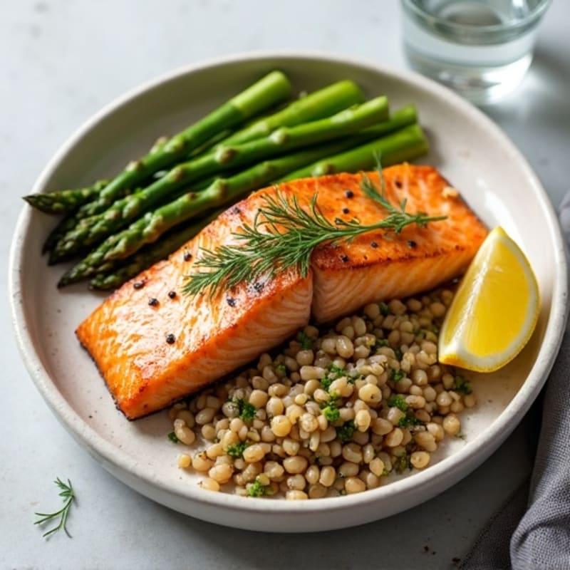 Seared Salmon with Steamed Asparagus and Lentil Pilaf