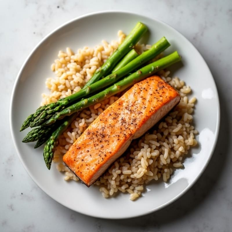 Seared Salmon with Steamed Asparagus and Brown Rice