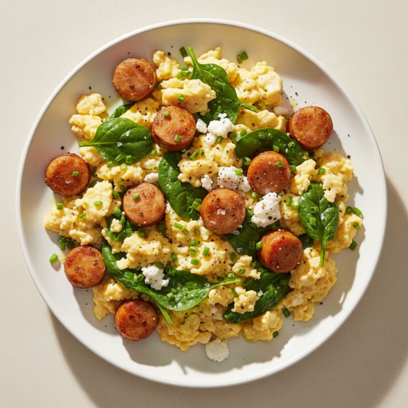 Fluffy Feta and Chicken Sausage Scramble