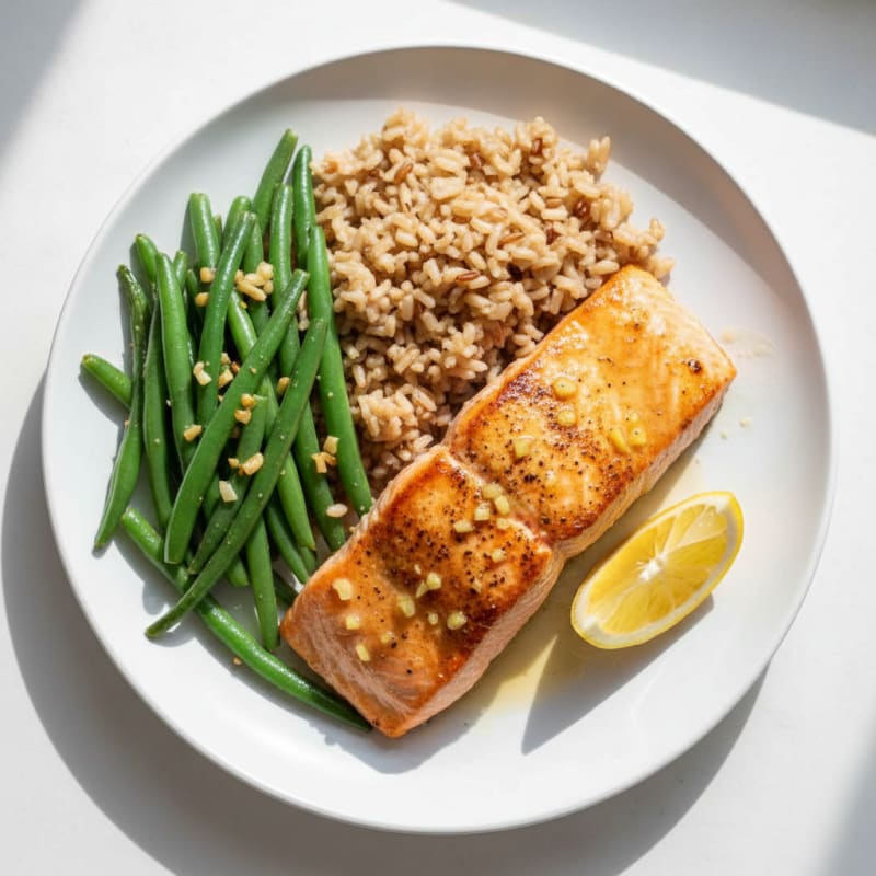 Seared Salmon with Garlic Green Beans and Brown Rice