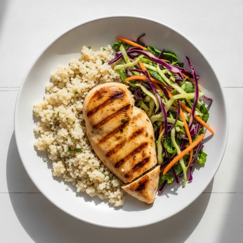 Grilled Chicken Breast with Crunchy Cabbage Slaw and Quinoa