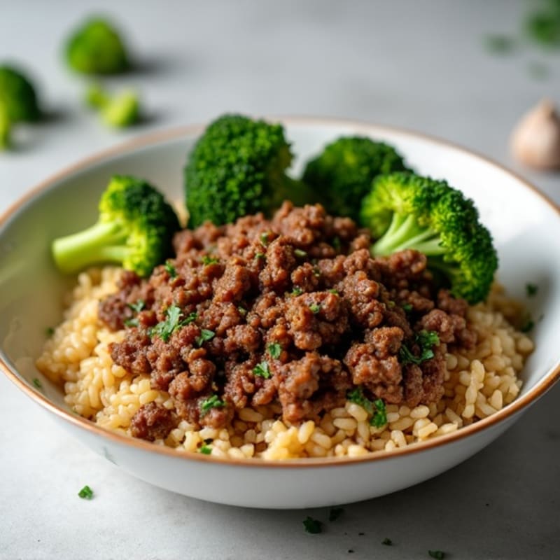 Savory Garlic Beef and Roasted Broccoli with Brown Rice