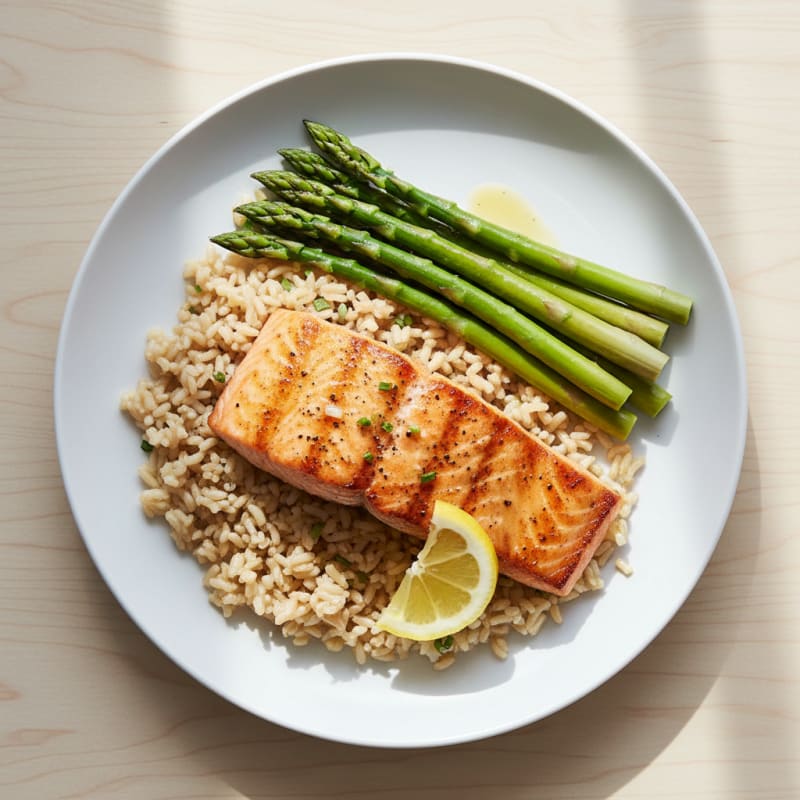 Seared Salmon with Steamed Asparagus and Brown Rice
