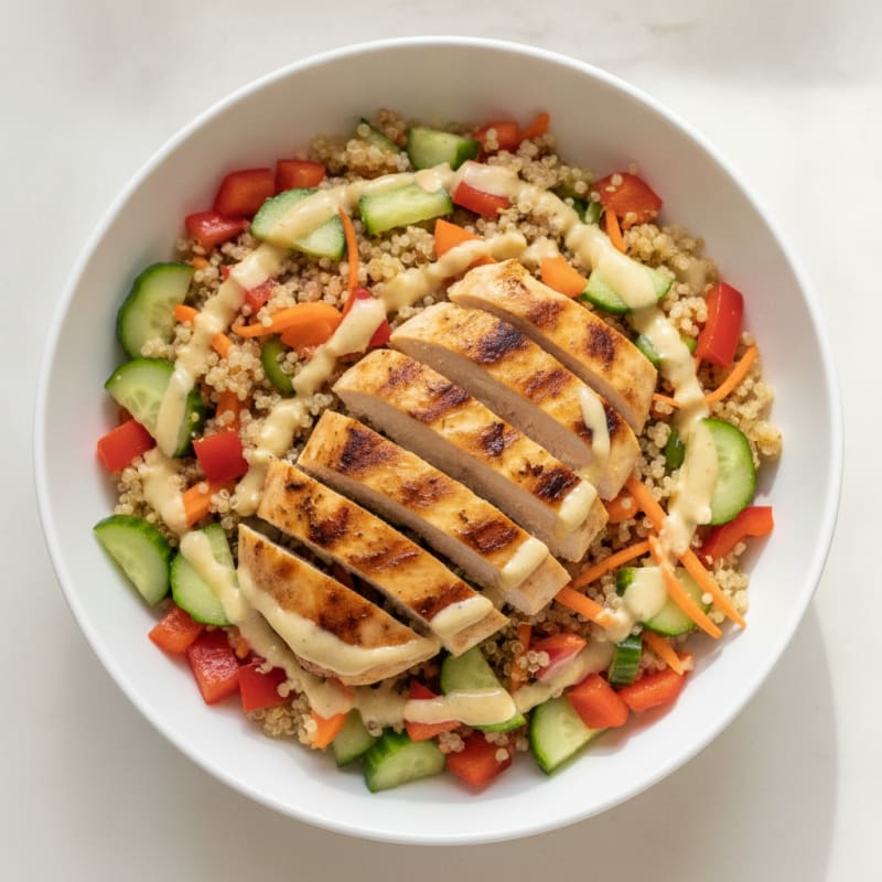 Grilled Chicken and Quinoa Bowl with Crunchy Vegetables and Lemon-Tahini Drizzle