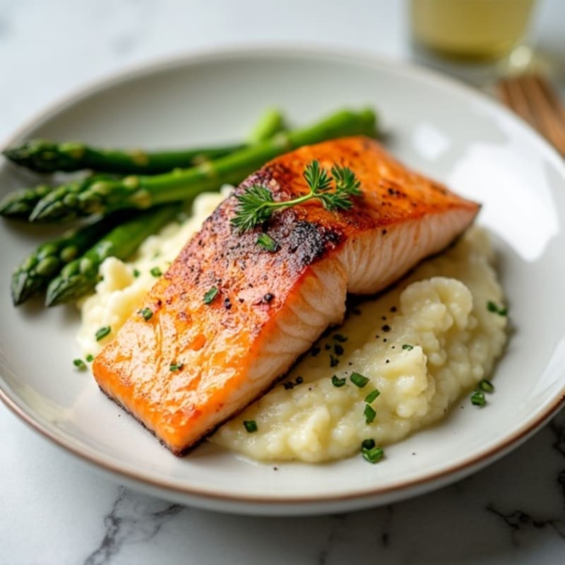 Seared Salmon with Steamed Asparagus and Cauliflower Mash