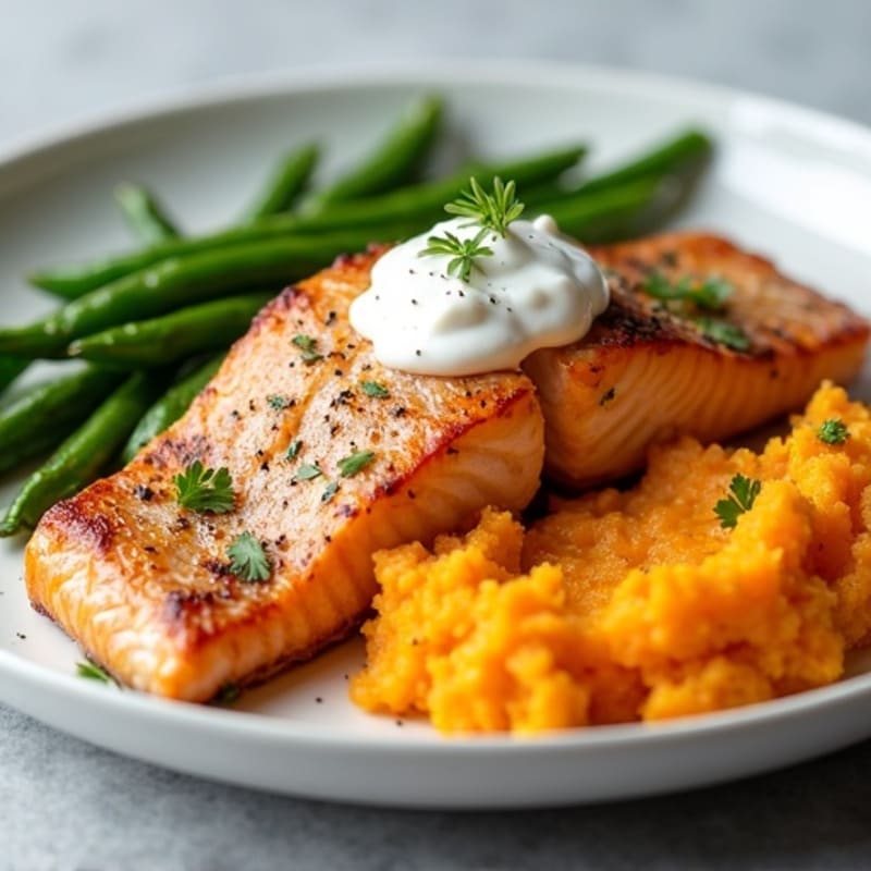 Seared Salmon Filet with Garlic Green Beans and Sweet Potato Mash