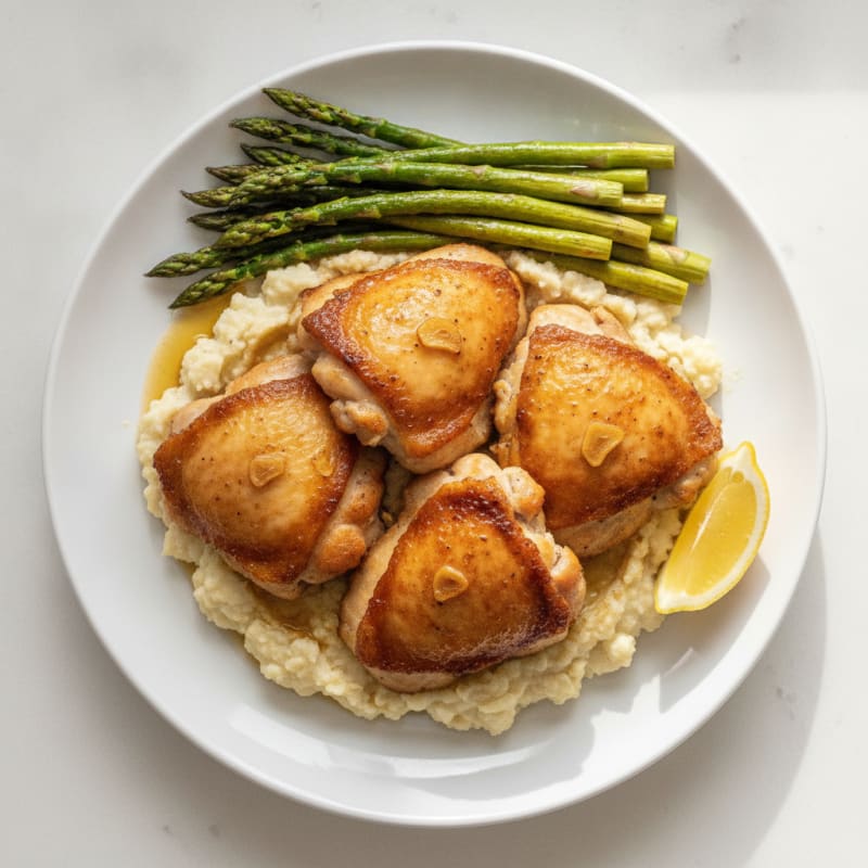 Seared Chicken Thighs with Creamy Garlic Cauliflower Mash