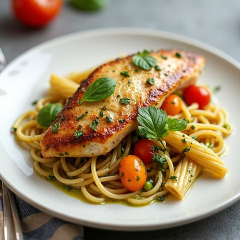 Chicken with Fresh Pesto, Whole Wheat Pasta, and Sautéed Vegetables