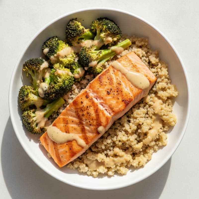 Grilled Salmon Quinoa Bowl with Roasted Broccoli and Lemon Tahini Drizzle