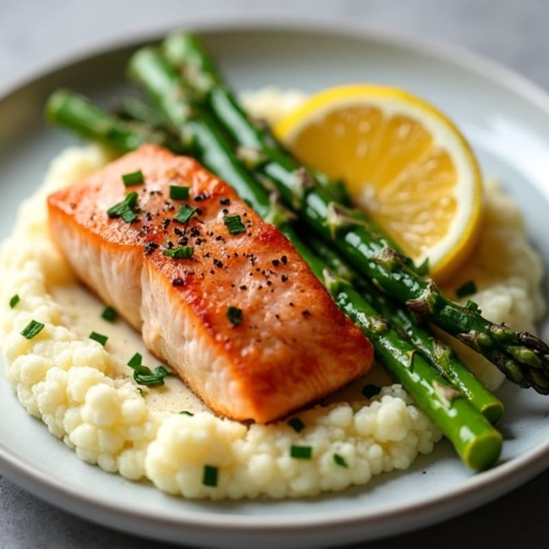 Seared Salmon with Roasted Asparagus and Cauliflower Mash