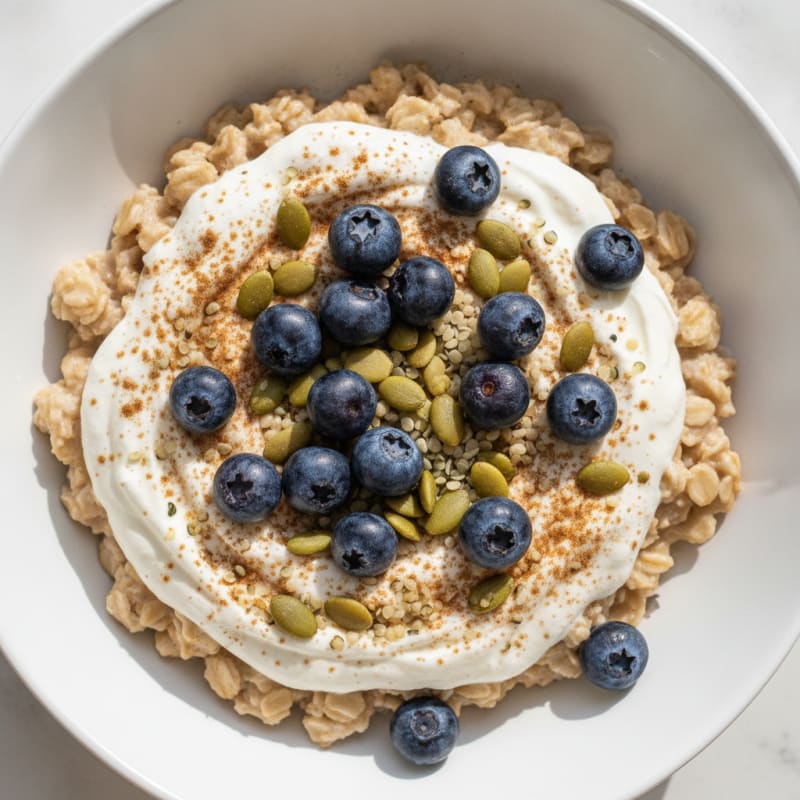 Creamy Greek Yogurt Oatmeal with Toasted Seeds and Berries