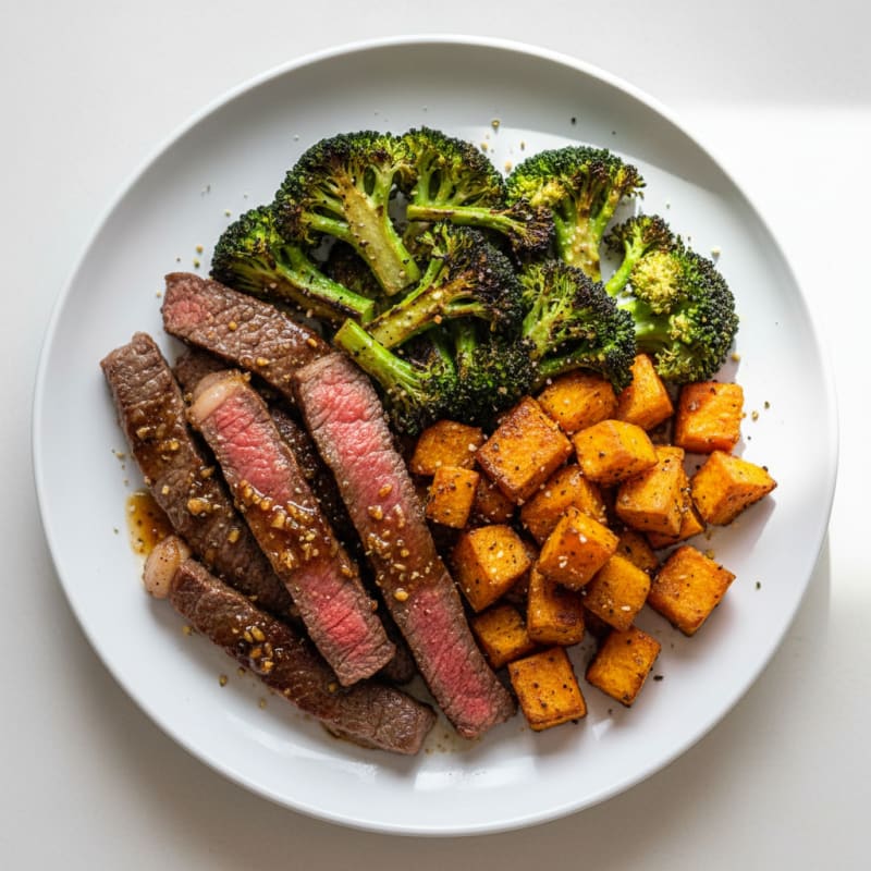 Seared Lean Beef with Roasted Broccoli and Sweet Potato Cubes