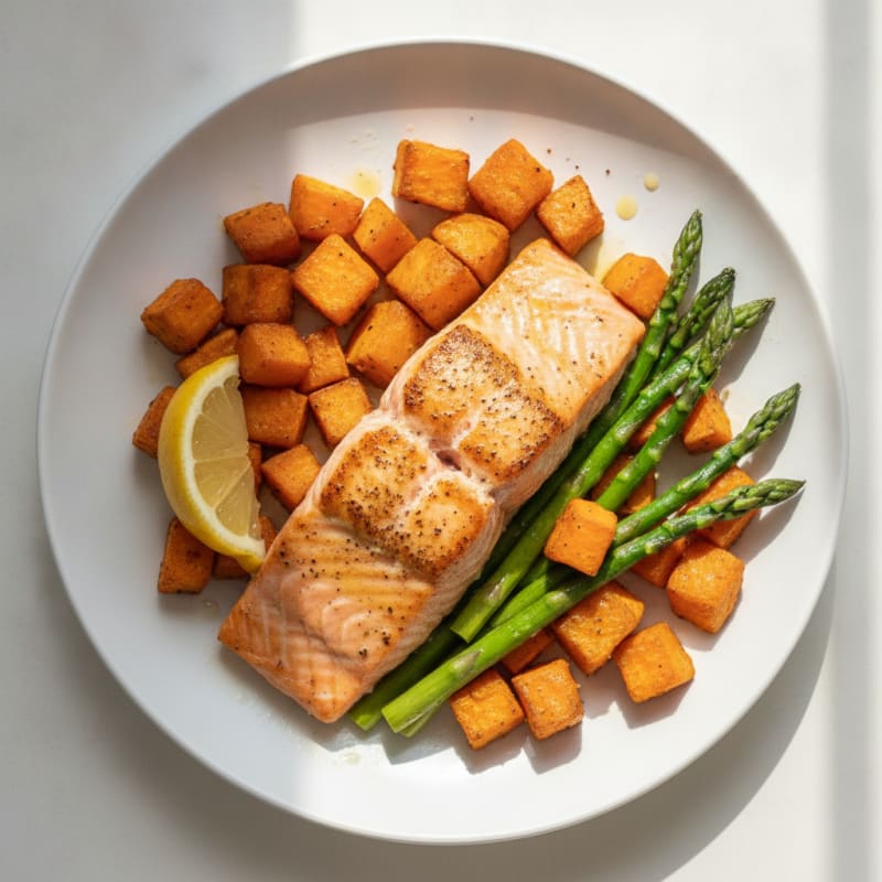 Seared Salmon Fillet with Roasted Sweet Potatoes and Asparagus