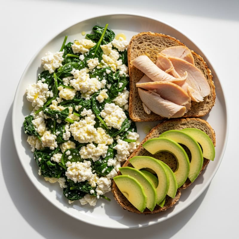 Egg White and Spinach Scramble with Cottage Cheese and Sliced Turkey