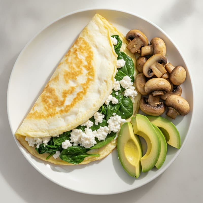 Egg White Spinach Omelette with Cottage Cheese and Sautéed Mushrooms