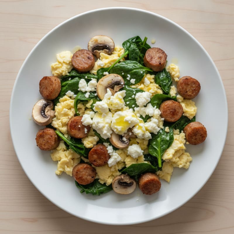 Egg White Spinach Scramble with Turkey Sausage and Sautéed Mushrooms