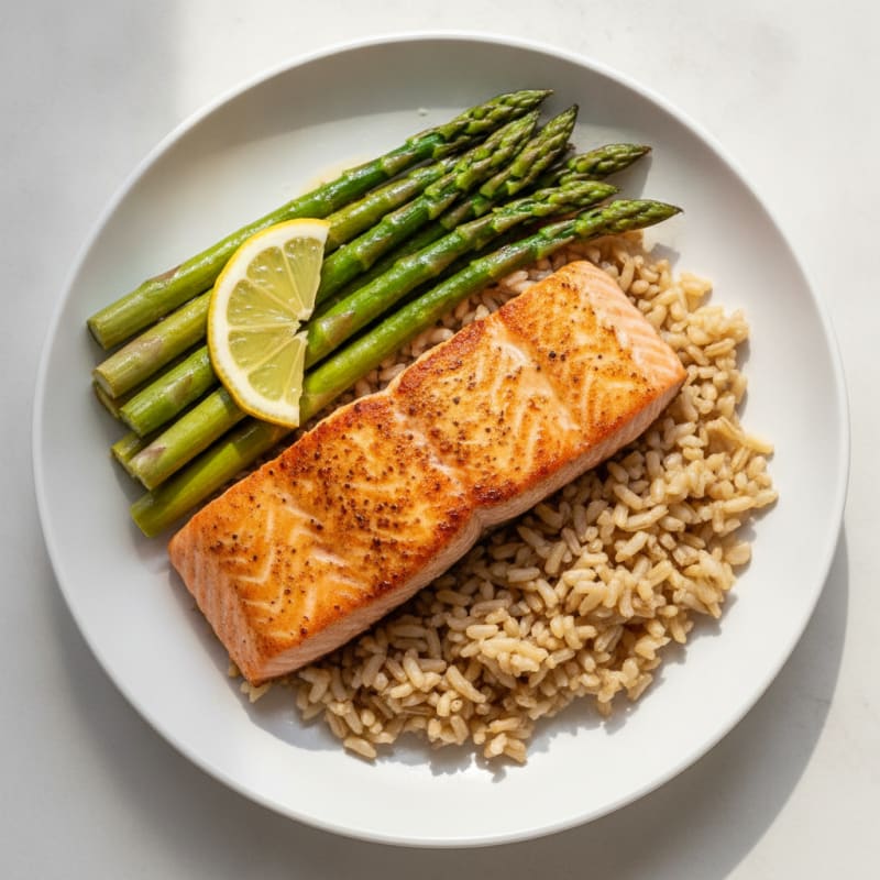 Seared Salmon with Steamed Asparagus and Brown Rice