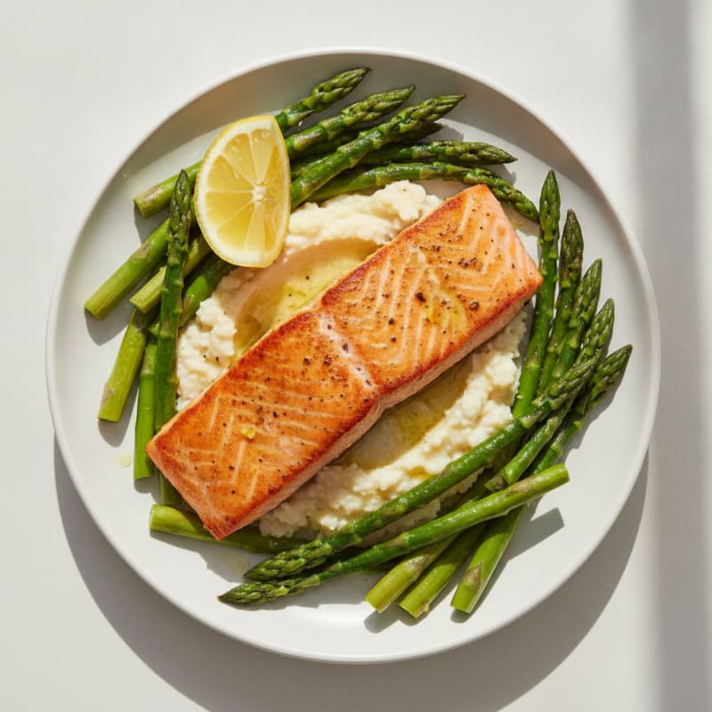 Seared Salmon with Steamed Asparagus and Cauliflower Mash