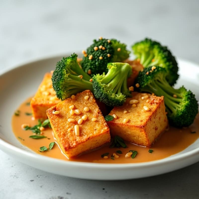 Crispy Tofu with Roasted Broccoli and Peanut Sauce