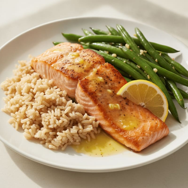 Seared Salmon with Garlic Green Beans and Brown Rice