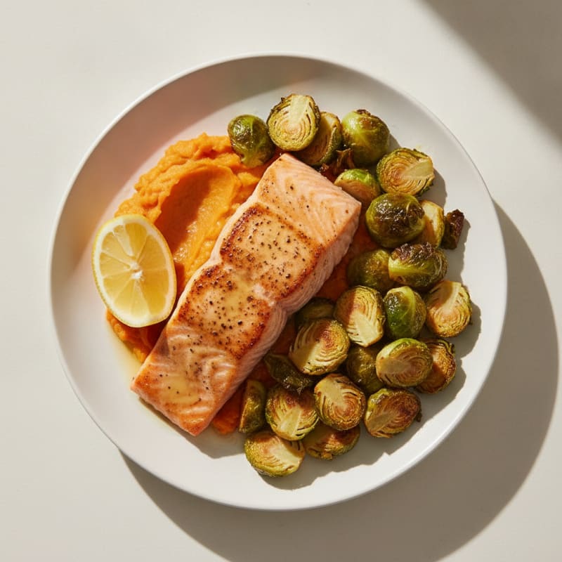 Seared Salmon Fillet with Roasted Brussels Sprouts and Sweet Potato Mash