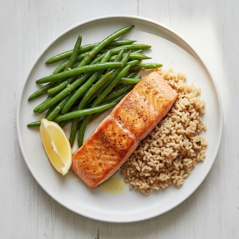 Seared Salmon Fillet with Garlic Green Beans and Brown Rice