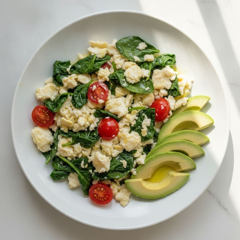 Egg White Spinach Scramble with Cherry Tomatoes