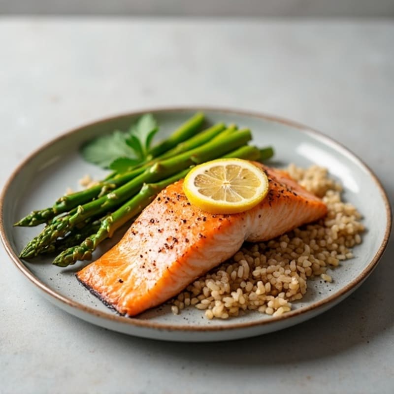 Seared Salmon with Steamed Asparagus and Brown Rice