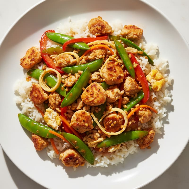 Tender Chicken Stir Fry with Mixed Vegetables and Jasmine Rice