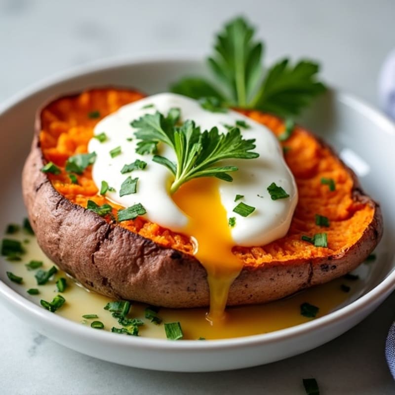 Crispy-Skin Sweet Potato with Greek Yogurt and Herbs