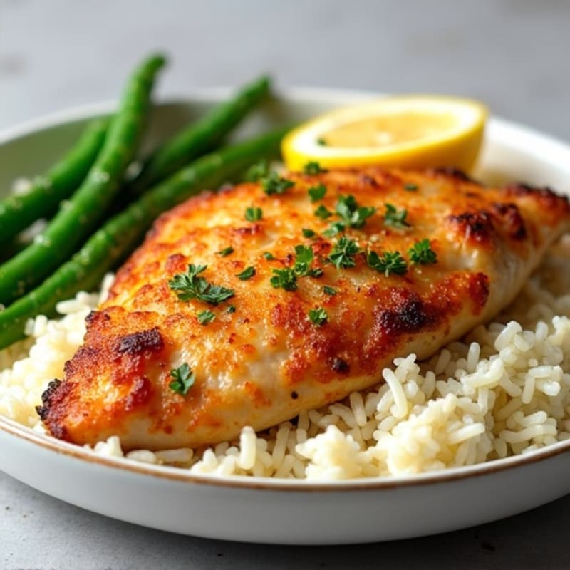 Crispy Pan-Seared Chicken with Lemon-Garlic Fluffy White Rice and Roasted Green Beans