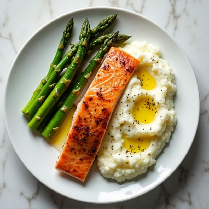 Seared Salmon with Steamed Asparagus and Garlic Cauliflower Mash