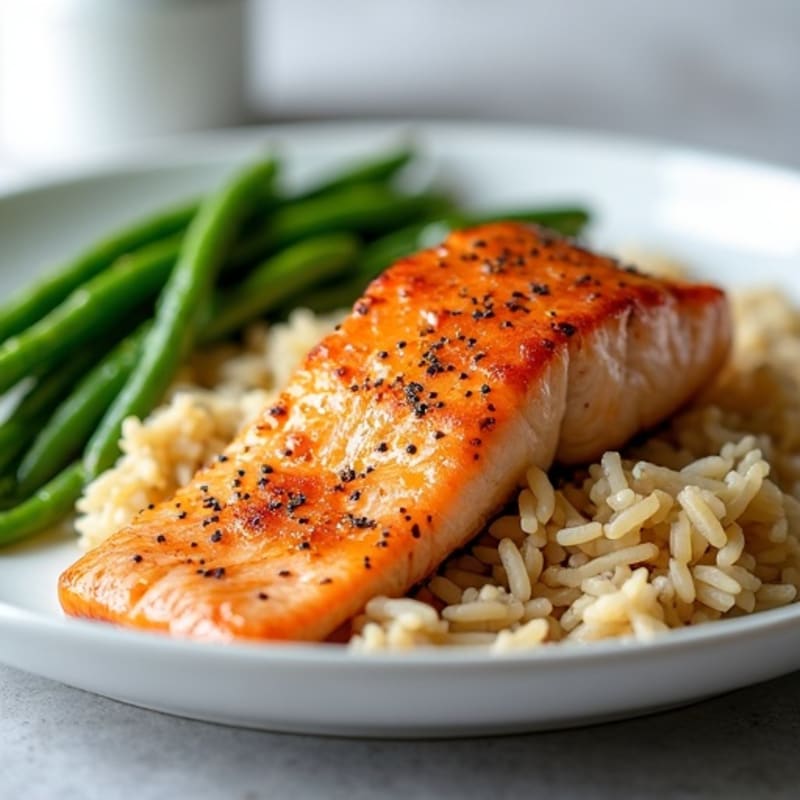 Seared Salmon Fillet with Steamed Green Beans and Brown Rice