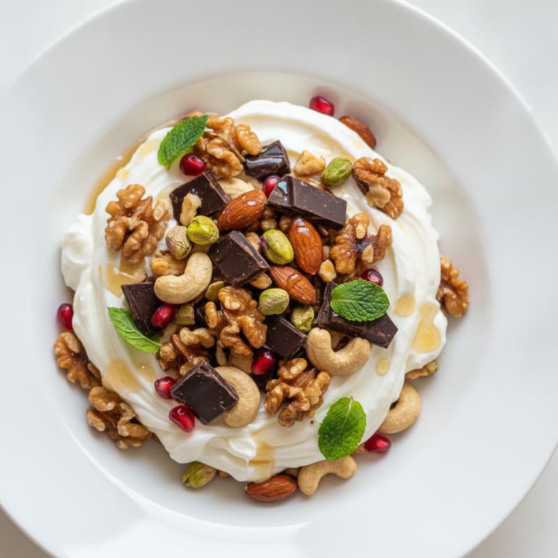 Greek Yogurt Protein Parfait with Mixed Nuts and Dark Chocolate