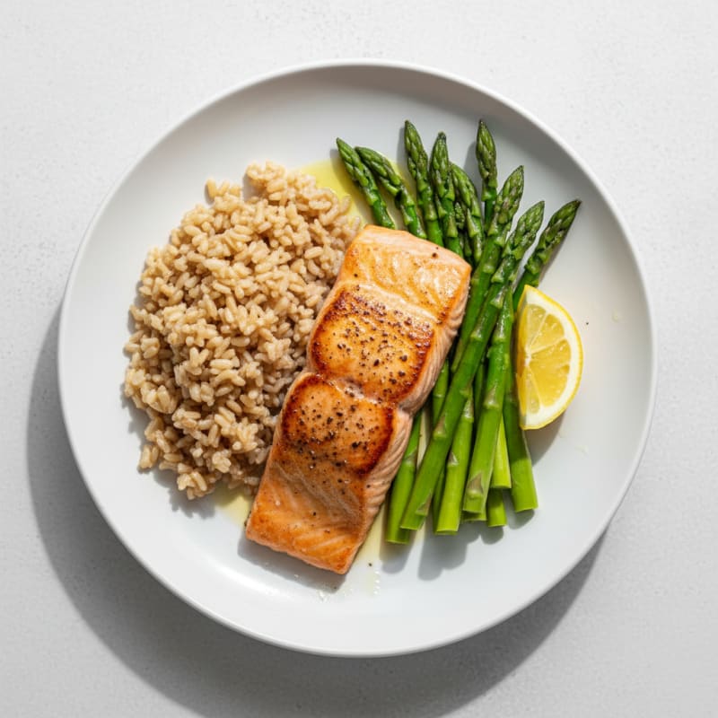 Seared Salmon Fillet with Steamed Asparagus and Brown Rice