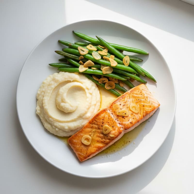 Seared Salmon with Garlic Green Beans and Cauliflower Mash