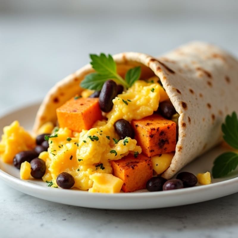 Hearty Scrambled Egg, Black Bean, and Roasted Sweet Potato Burrito