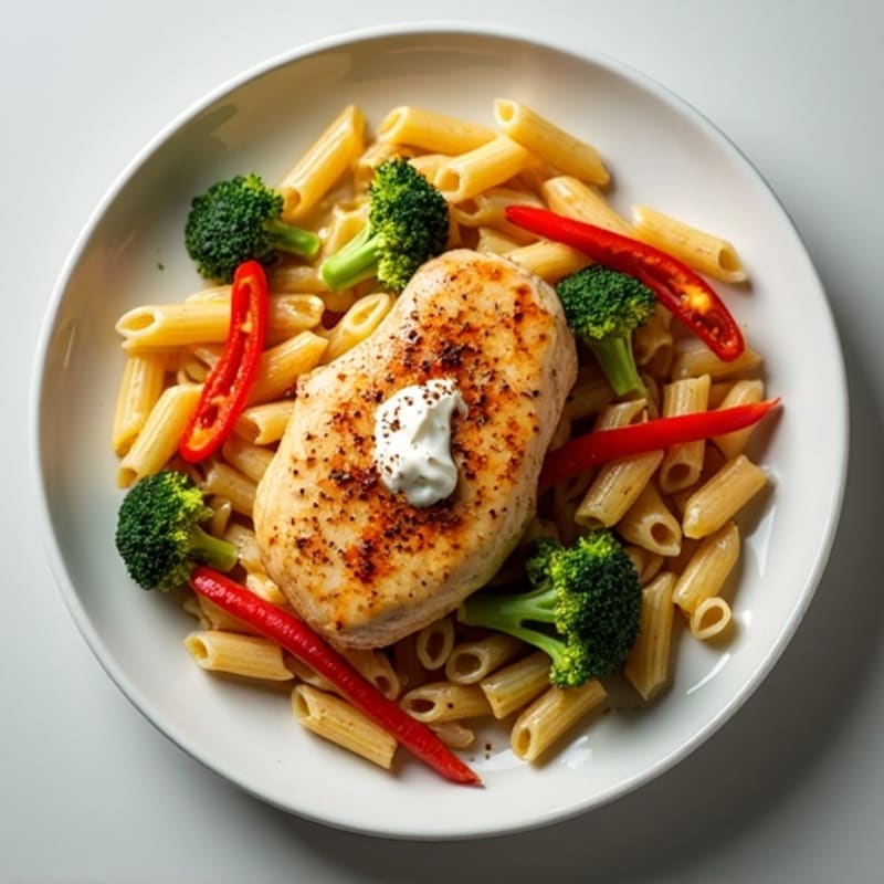 Spicy Pan-Seared Chicken with Creamy Pasta and Fresh Vegetables