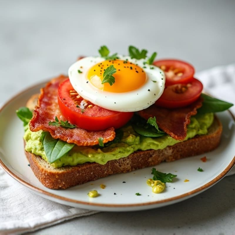 Creamy Avocado Toast with Crispy Bacon, Fresh Tomato, and Greens